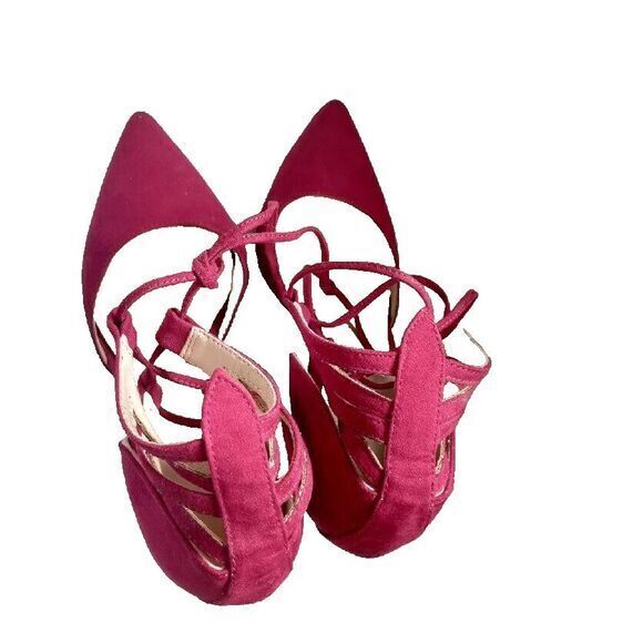 Red Suede Women 7 Tie Up Strap Sandals Heels Sexy Party Work Church Feminine Y2K - Picture 4 of 9